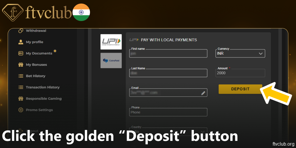 Click the golden “Deposit” button on FTVClub