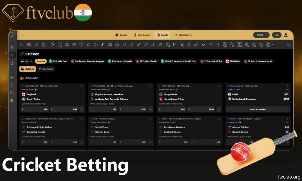 Cricket Betting options available on FTVClub