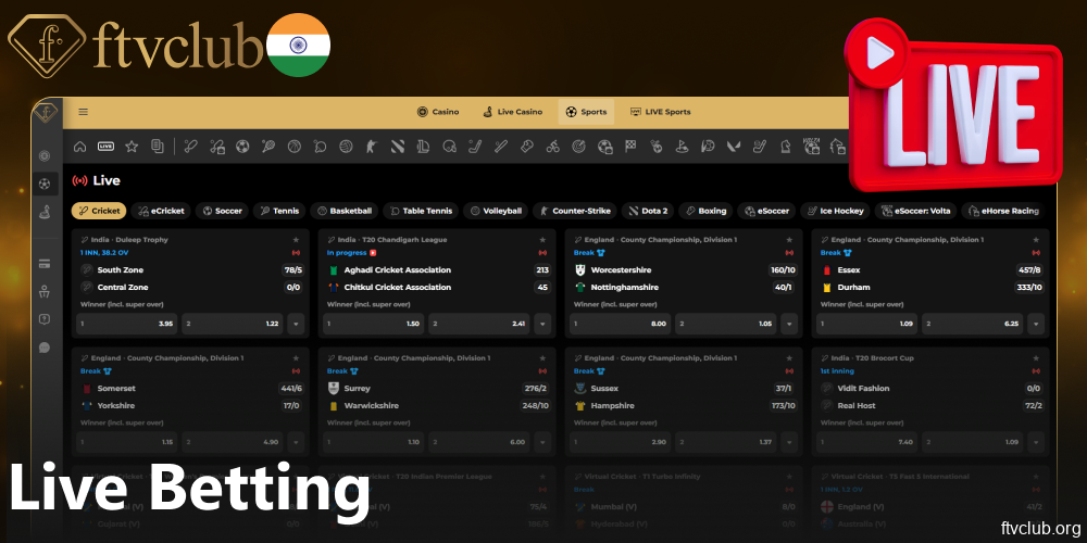 Live Betting options available on FTVClub