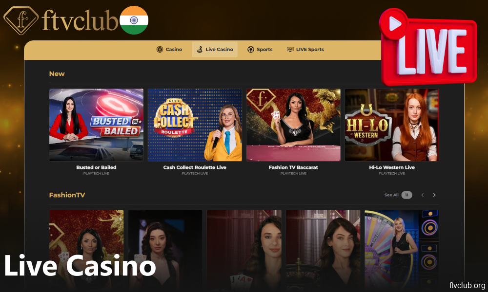 Live Casino games available on FTVClub for players from India