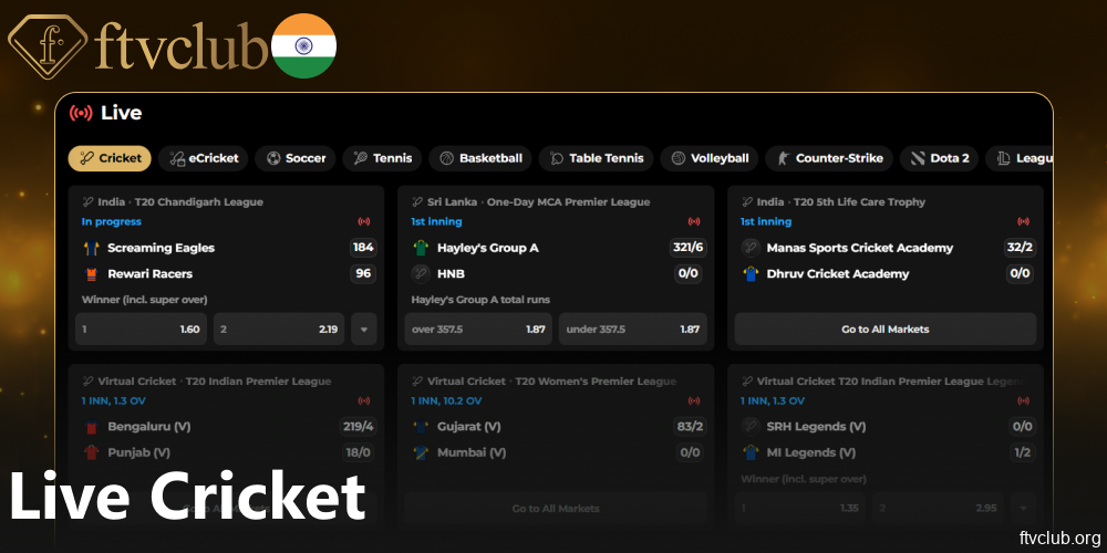 Live cricket betting options available on FTVClub India