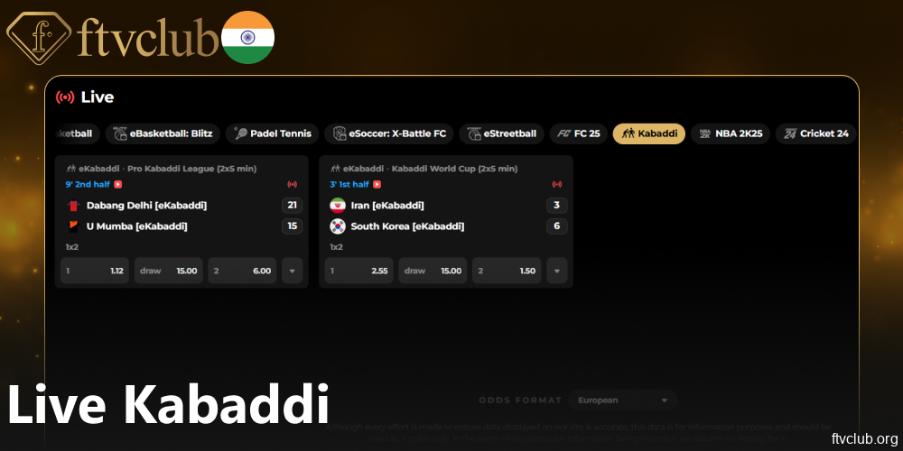 Live kabaddi betting options available on FTVClub India
