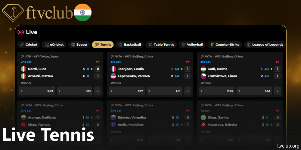 Live tennis betting options available on FTVClub India