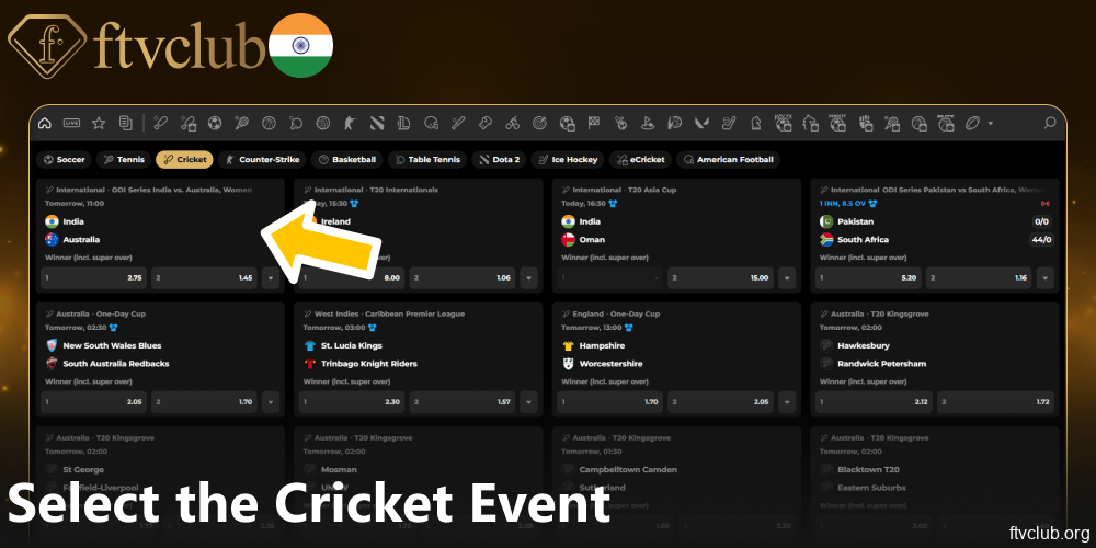 Select the Cricket Event on FTVClub