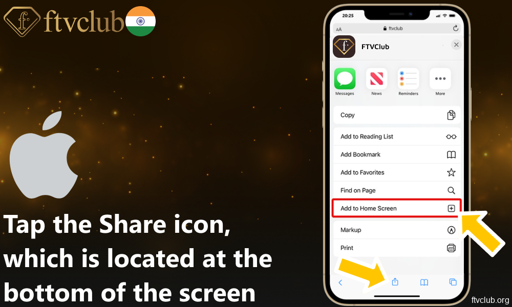 Tap the Share icon on FTVClub website, which is located at the bottom of the screen